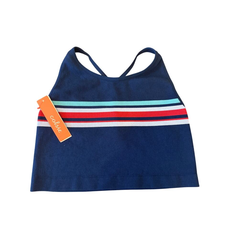 NEW Colsie Blue Striped Tank Top Sports Bra Loungewear Women L NWT